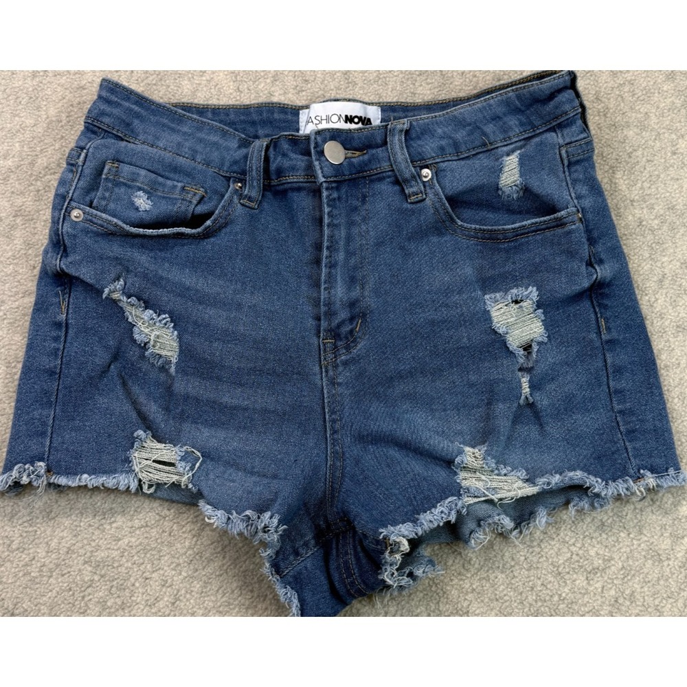 Fashion Nova Womens Cut-Off Shorts Blue Denim Distressed 5-Pocket Stretch 7